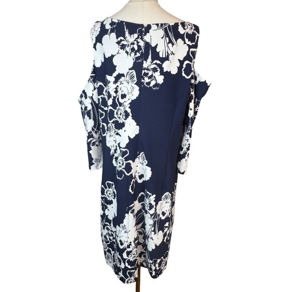 NWOT Jessica Howard Size 18 Navy & White Floral Cold Shoulder Dress Polyester - Picture 11 of 16